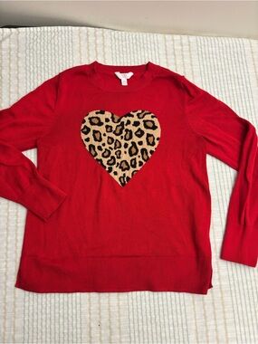Time and Tru Red Crewneck Sweater with Leopard Heart Accent